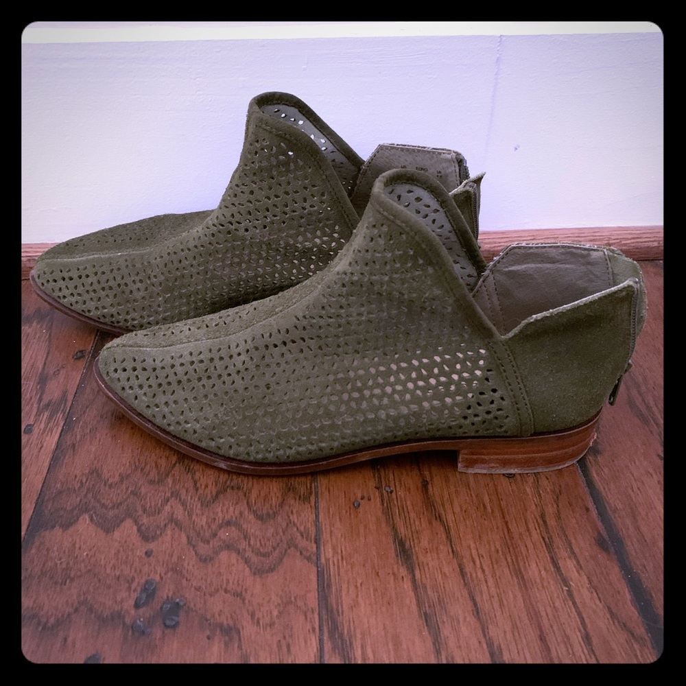 Green Perforated Suede Booties by Kelsi Dagger, 7